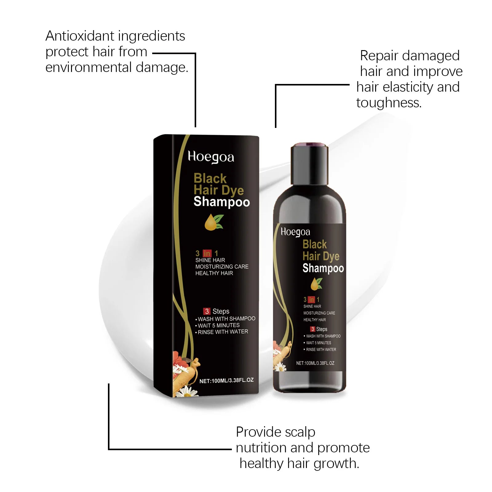 Hoegoa Black Hair Dye Shampoo 100ml Moisturizing Formula