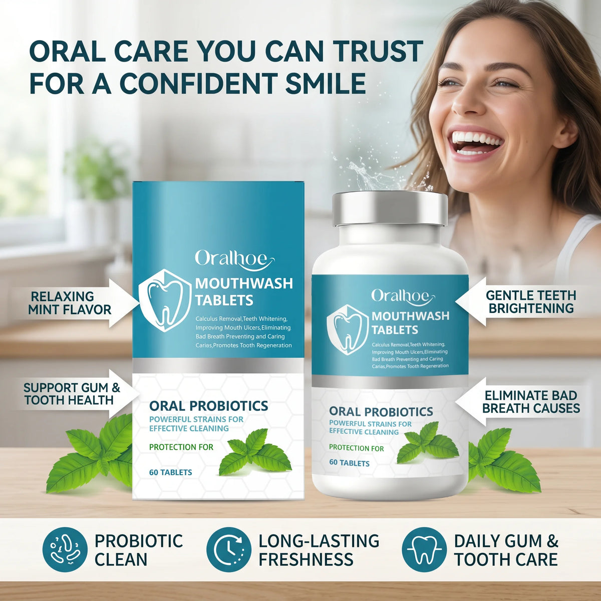 Probiotic Teeth Whitening Mouthwash Tablets for Fresh Breath
