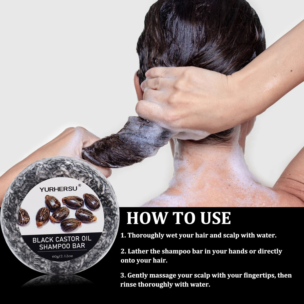 Yurhersu Black Castor Oil Shampoo Bar 2-in-1 Hair Cleanser 60g
