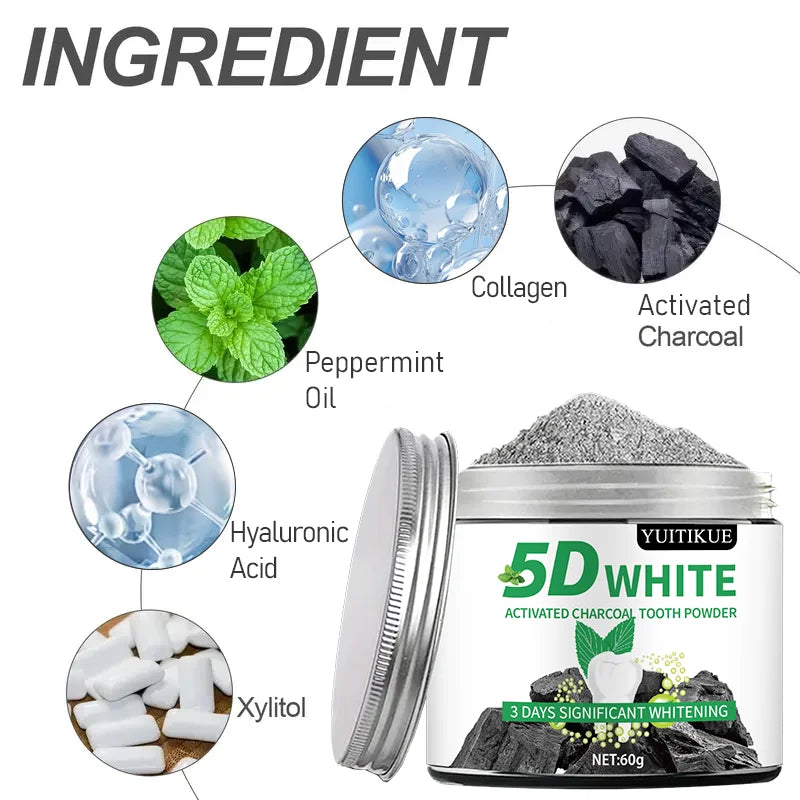 5D White Activated Charcoal Tooth Powder Natural Teeth Whitener 60g