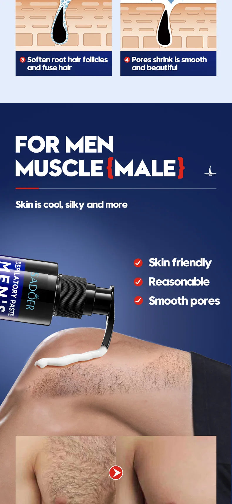 Sadoer Mens Hair Removal Cream Smooth Body Depilatory Cream 150ml - 11