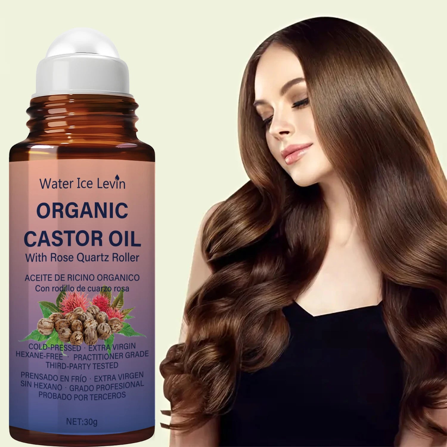 Organic Castor Oil with Rose Quartz Roller Hair and Skin Conditioner