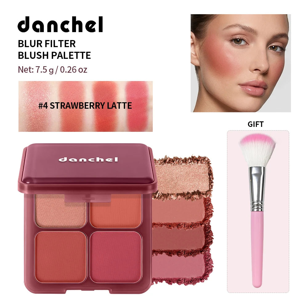 4-Color Matte Pigmented Blush Palette with Brush