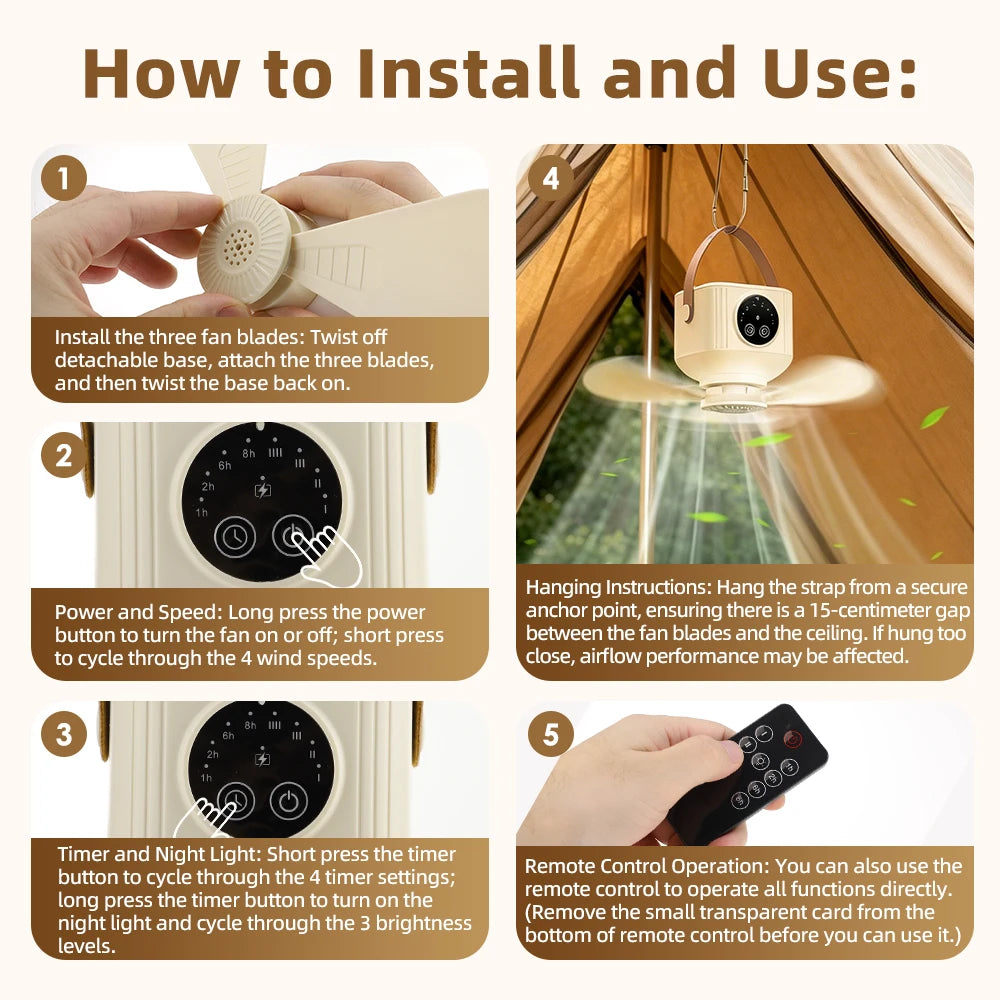 Portable Rechargeable Ceiling Fan with LED Light and Remote - 13