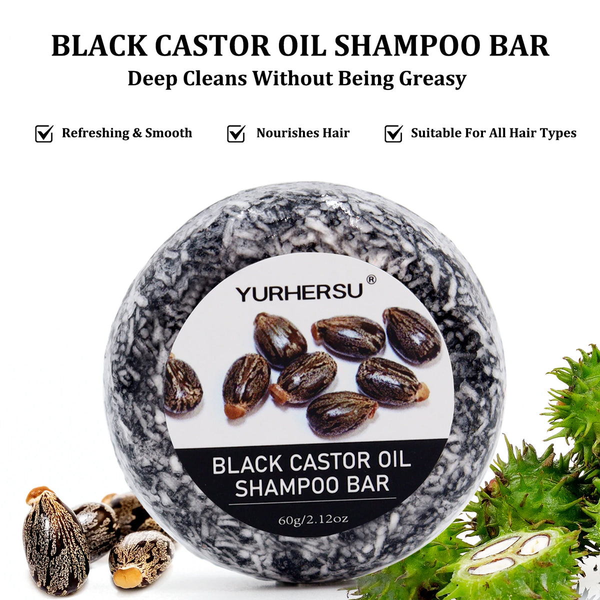 Yurhersu Black Castor Oil Shampoo Bar 2-in-1 Hair Cleanser 60g