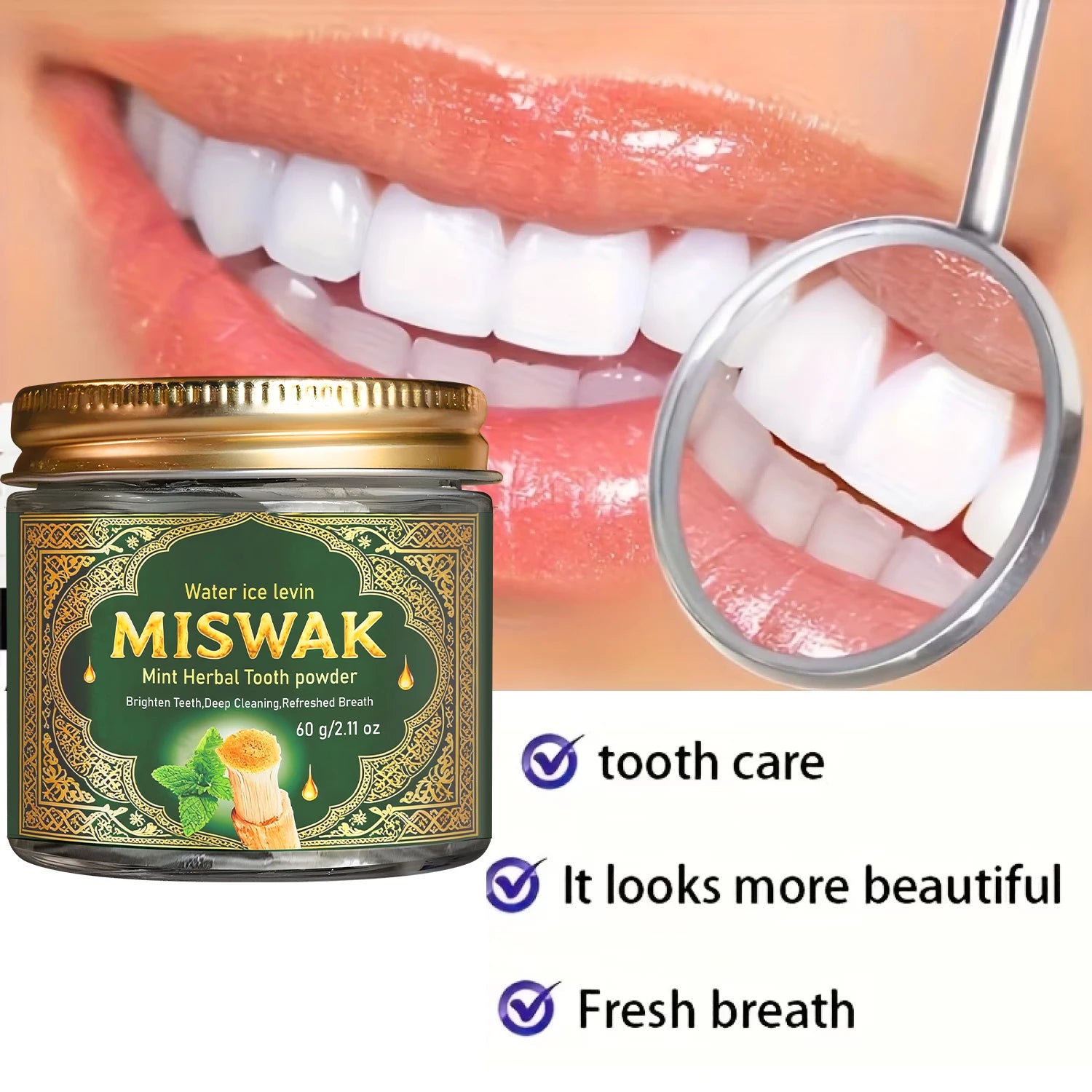 Miswak Mint Herbal Tooth Powder Charcoal Teeth Whitening 60g - 3