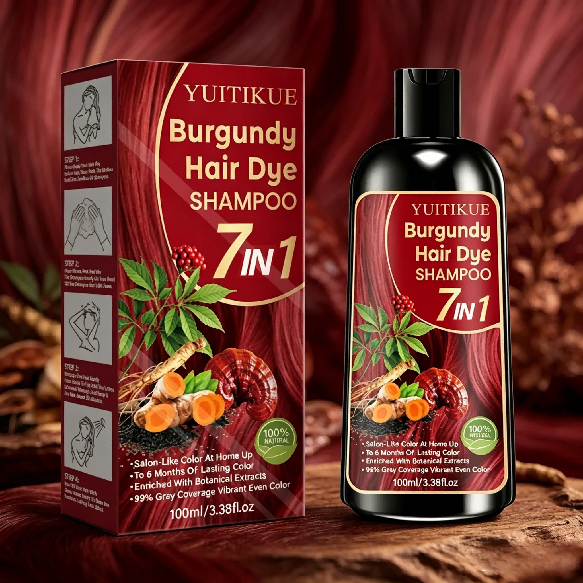 Burgundy 7 in 1 Hair Dye Shampoo with Natural Plant Extracts