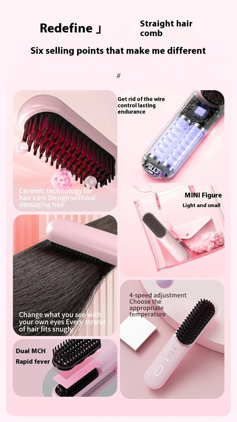 Cordless Ionic Hair Straightening Brush for Fast Styling