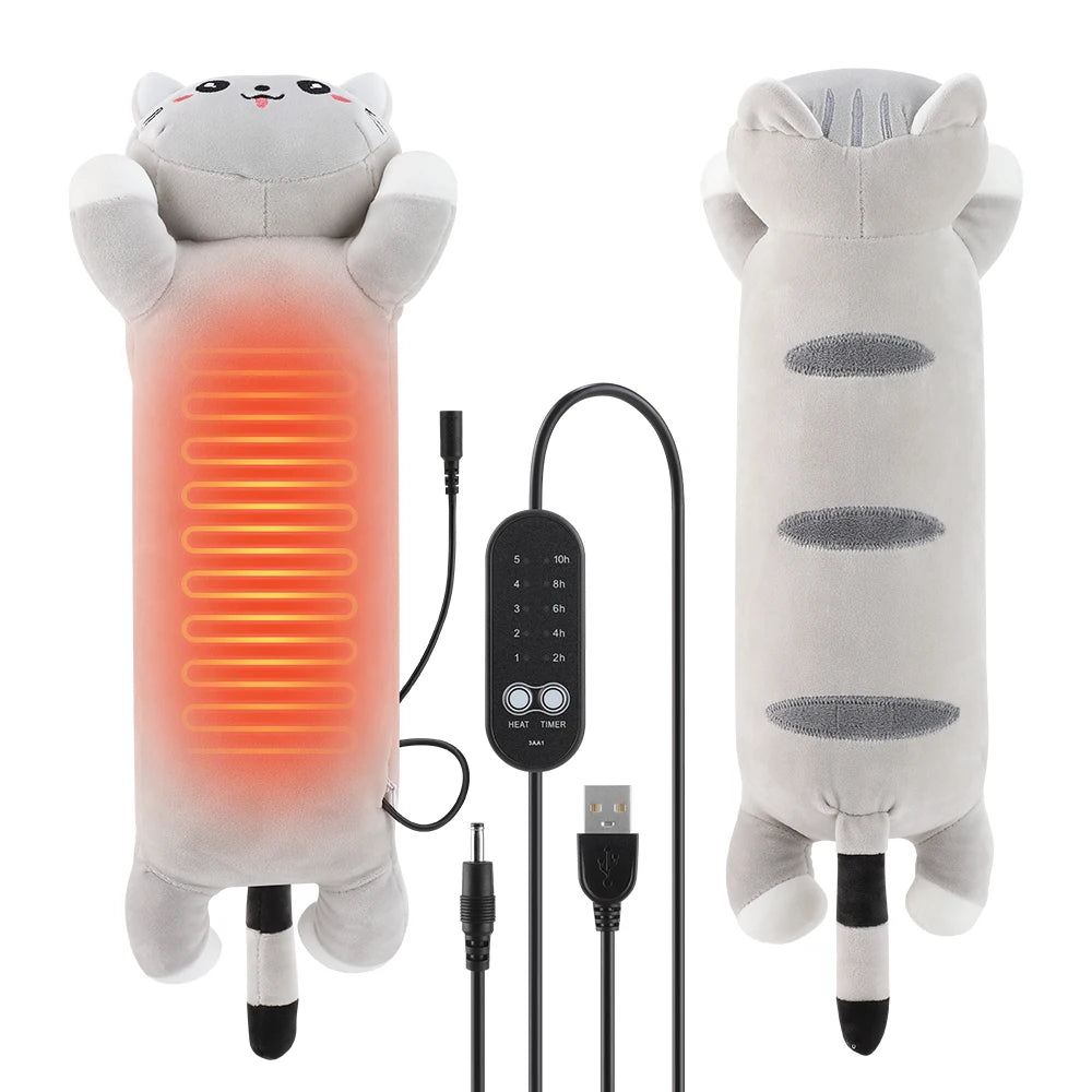 Cute Cat Heated Plush Pillow for Period Cramps and Back Pain
