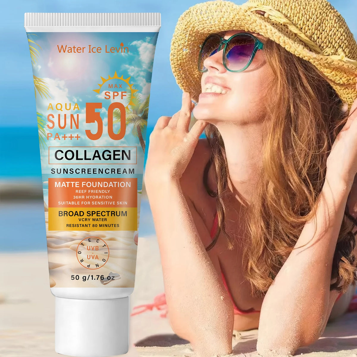 Water Ice Levin Collagen Sunscreen SPF50 PA+++ Hydrating Body Sun Care