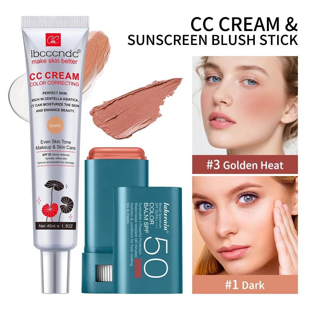 Color Correcting CC Cream and Sunscreen Blush Stick Set - 36