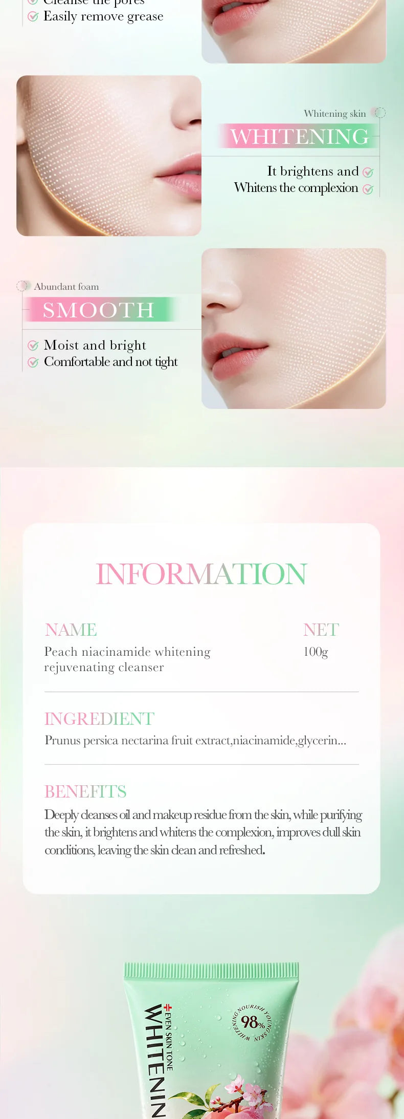 SADOER Peach Niacinamide Facial Cleanser Brightening Face Wash 100g