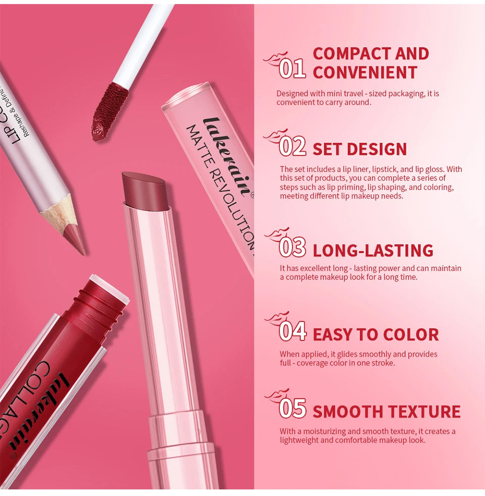 All-in-One Waterproof Lip Liner, Lipstick and Gloss Makeup Set