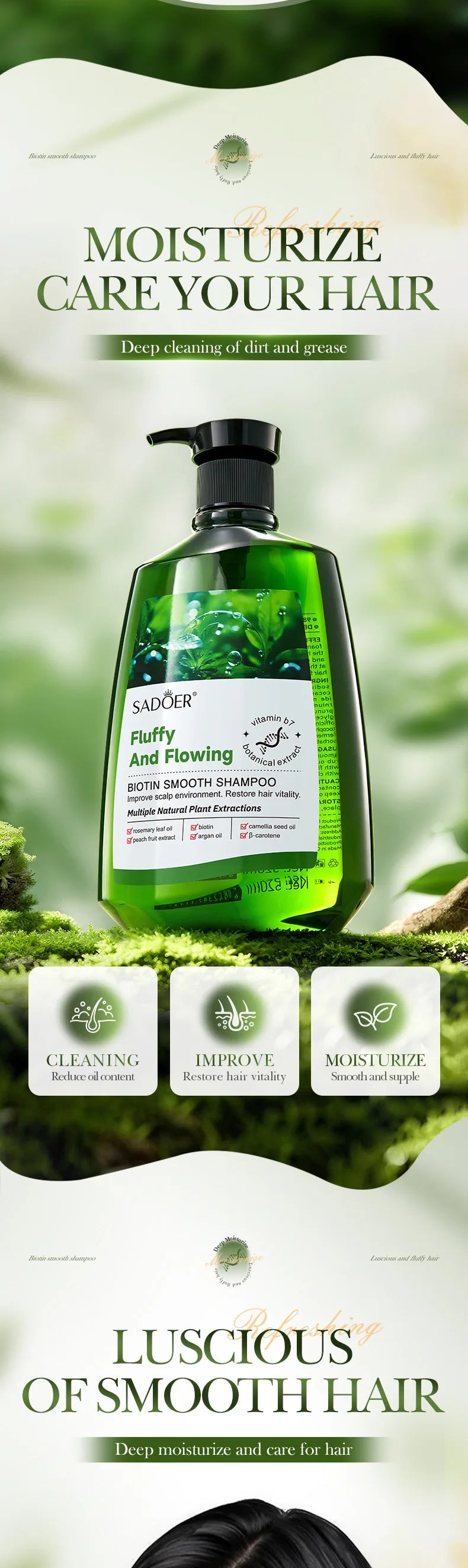 Sadoer Biotin Softening Shampoo 520ml Deep Cleansing Moisturizing Wash - 7