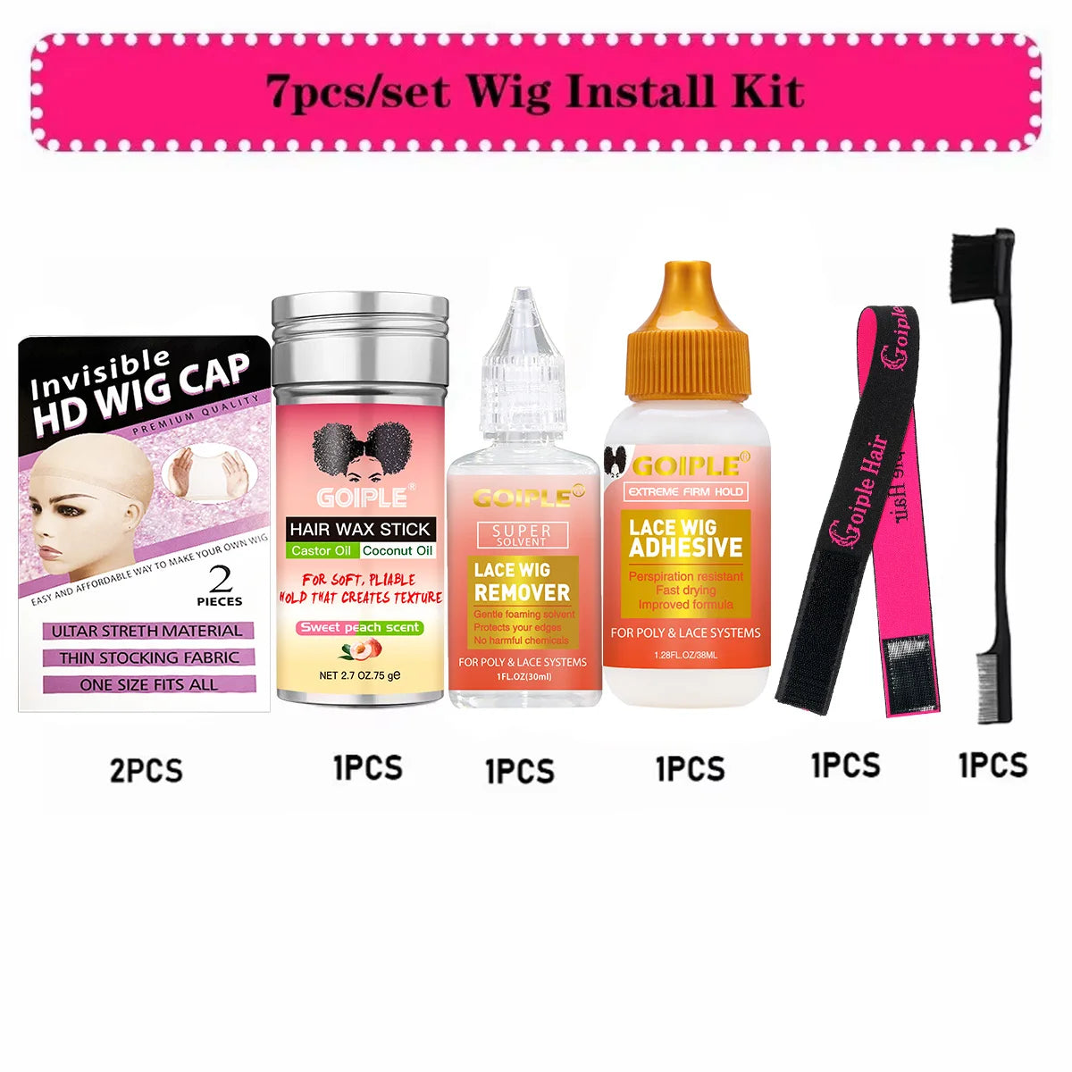 Goiple 7pcs Wig Installation Kit Lace Glue Remover and Hair Wax Stick